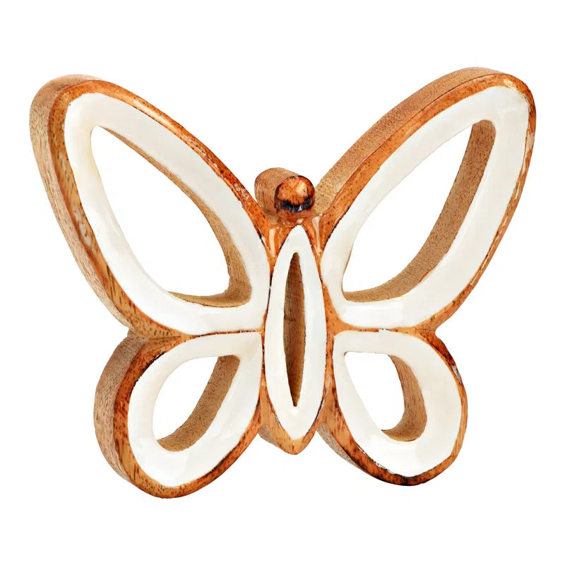 Mariposa grande de Madera de Mango con Recubrimiento en Cerámica Blanca