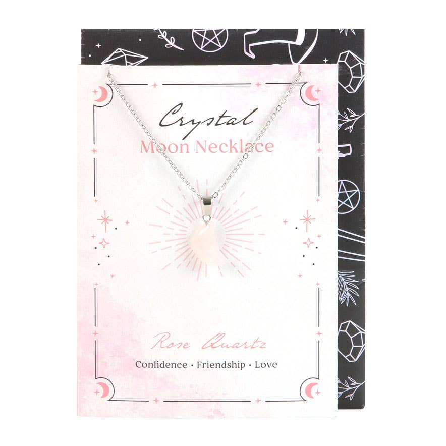 Collar de luna de cristal de cuarzo rosa en tarjeta de felicitación