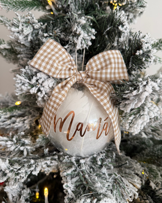 Bola de Navidad personalizada con plumas - Lazo Vichy marrón