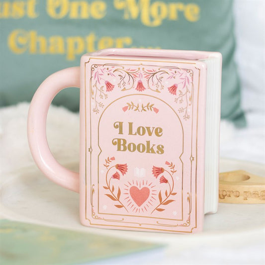 Taza rosa con forma de libro "I love books"