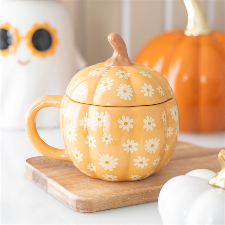 Taza con tapa de calabaza floral y estilo Groovy
