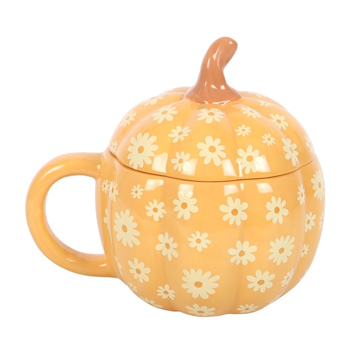 Taza con tapa de calabaza floral y estilo Groovy