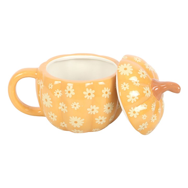 Taza con tapa de calabaza floral y estilo Groovy